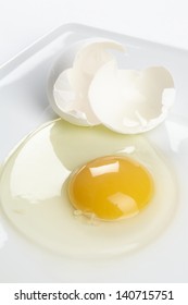 A cracked henÃ?Â´s egg with eggshell on a white china plate.