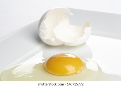 A cracked henÃ?Â´s egg with eggshell on a white china plate.