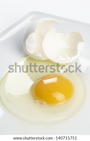 A cracked henÃ?Â´s egg with eggshell on a white china plate.