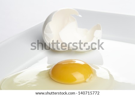 A cracked henÃ?Â´s egg with eggshell on a white china plate.