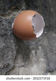 Cracked Egg Shell With Holes Visible From The Side, Sticking To The Rough Wall With A Combination Of Gray And Black, Which Is Blurry