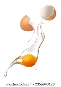 Cracked egg shell revealing egg yolk and white isolated                                 