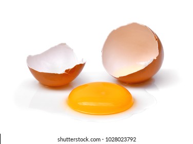 Cracked Egg With Egg Shell, Egg Yolk And Egg White Isolated On White Background