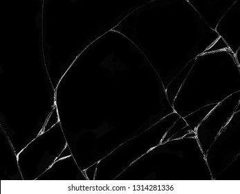Cracked glass texture on black background. Isolated realistic cracked glass effect.