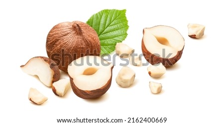 Cracked hazelnuts, whole, halves and small pieces isolated on white background. Nuts with leaves. Package design element with clipping path