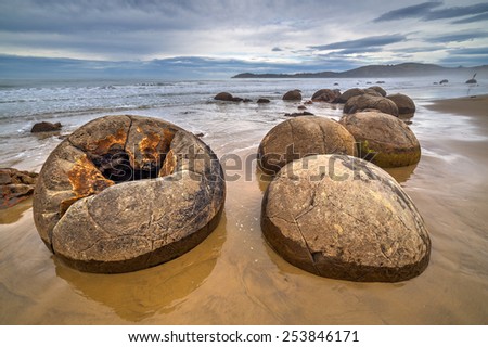Cracked Moeraki boulder at the beach, South island of New Zealand
