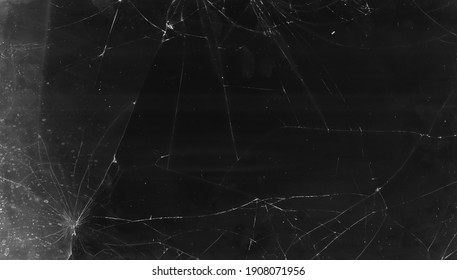 Cracked Overlay. Broken Glass Texture. Black Smashed Distressed Tablet Screen With Dust Scratches Fingerprints Stains Grain Noise Effect For Photo Editor.