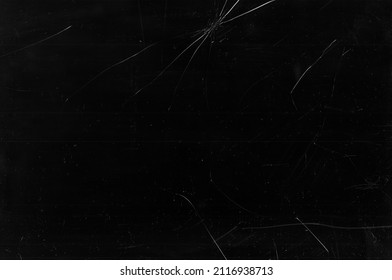 Cracked Overlay. Dust Noise Texture. Distressed Laptop Screen. Fractured Weathered Window With Scratches Stains On Dark Black Background Effect For Photo Editor.