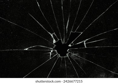 Cracked Pieces Broken Glass Hole on Black Background