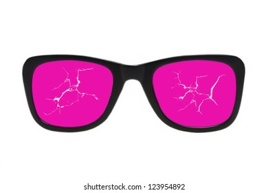 Cracked Pink Glasses Isolated On A White Background.