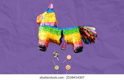 Cracked rainbow donkey 
Piñata dropping candies from inside. Image collage isolated on purple background - Powered by Shutterstock