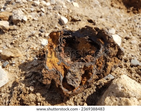 Cracked sample of limonite iron ore lying on the ground
