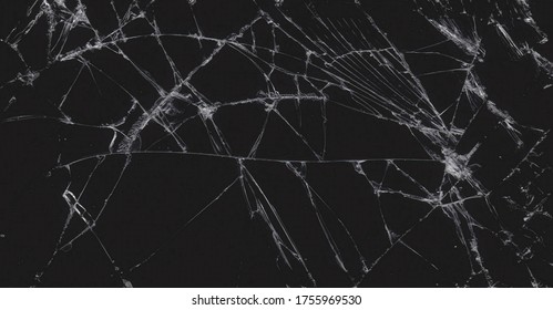 Cracked Screen Phone Texture Banner Background.Broken Glass With Cracks. Abstract Of Cracked Screen Smartphone From Shock.Dark Black And White Colors.