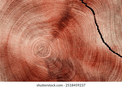 Cracked Slice of wood timber with juniper tree rings as natural geometric pattern, abstract nature background. Natural wooden organic textures and shapes, monochrome brown red gradient vivid colors - Powered by Shutterstock