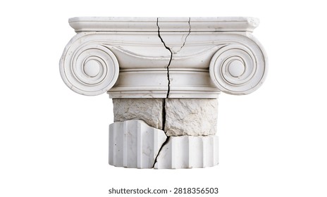 Cracked white marble ionic column capital with weathered stone base fragment