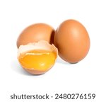 Cracked and whole chicken eggs on white background