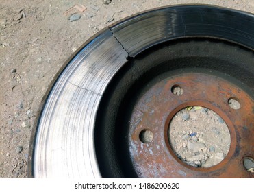 Cracked Worn Car Brake Disc. 