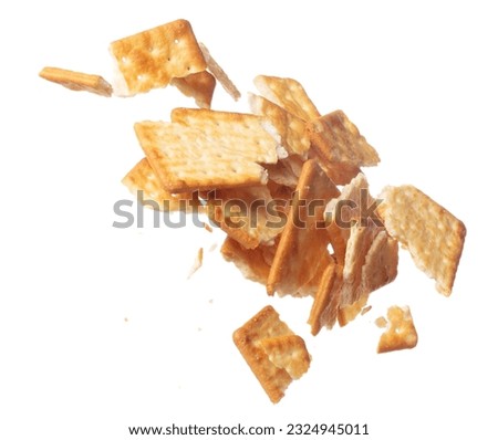 Cracker Butter square fall fly in mid air, golden crispy cracker Butter square floating. Cracker Butter crack crunch throw in air. White background isolated freeze motion high speed shutter