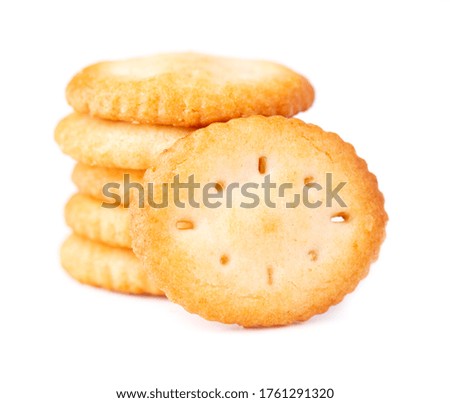 Cracker isolated on white background. Dry cracker cookies isolated. Salty snacks isolated. Top view.