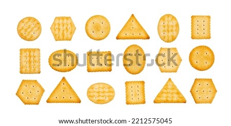 Cracker set isolated. Square, round, triangular biscuits collection, dry biscuit cookies, crackers of different geometric shapes, graham snacks on white background top view