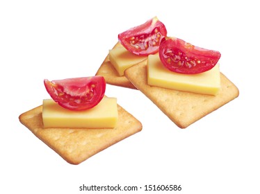 Crackers With Cheese And Tomato Isolated On White Background