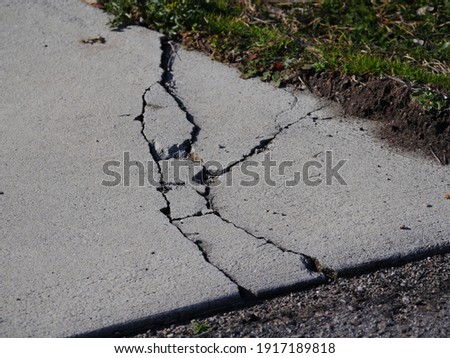 Cracks in concrete driveway, sunken areas caused by heavy equipment or settling