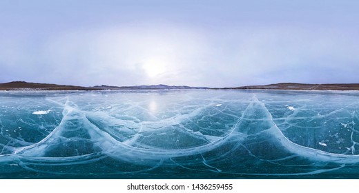 Cracks On Smooth Ice Lake Baikal. Spherical 360 180 Vr Panorama