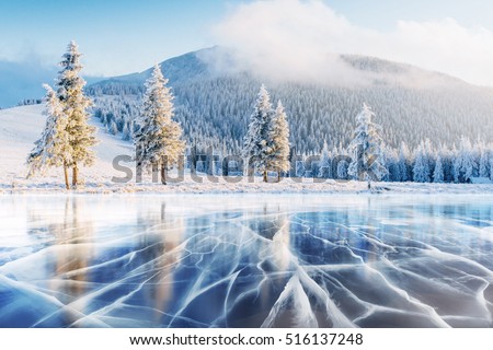 Cracks on the surface of the blue ice. Frozen lake in winter mountains. It is snowing. The hills of pines. Carpathian Ukraine Europe.