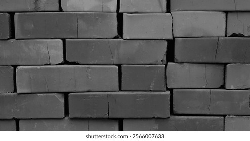Cracks run through stacked bricks black and white photo for backgrounds. Traditional construction materials stock image
