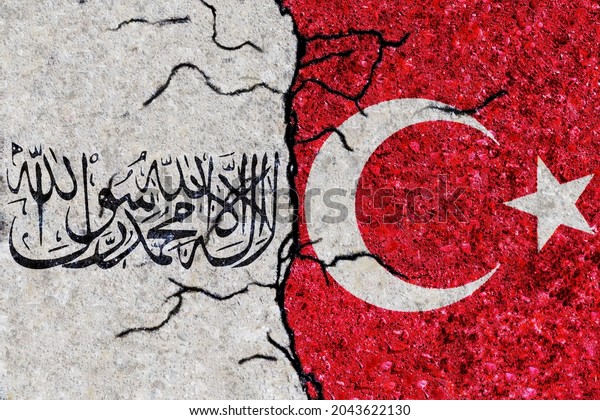 Cracks in the texture wall. Flags: Turkey,
Taliban. Afghanistan civil war. Islamic Emirates of Afghanistan.
Turkey-Taliban relations