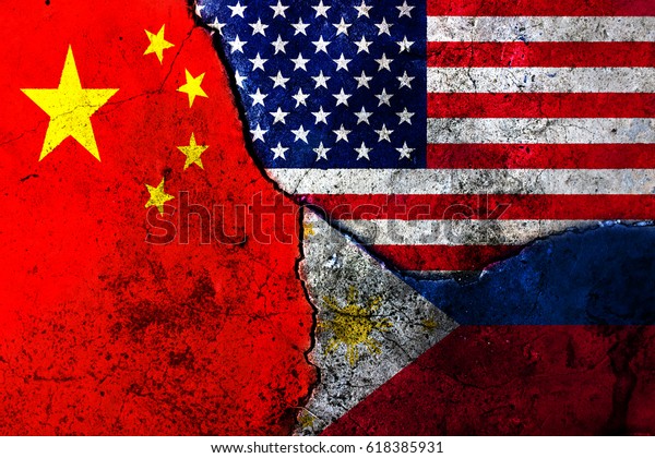 Cracks in the\
wall. Flags: USA, China,\
Philippines