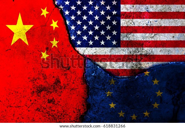 Cracks in\
the wall. Flags: USA, China, European\
Union