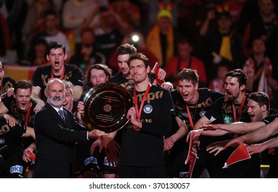 CRACOV, POLAND - JANUARY 31, 2016: Men's EHF European Handball Federation EURO 2016 Krakow Tauron Arena Germany Spaino/p: Jean Brihault head of EHF Finn Lemke 