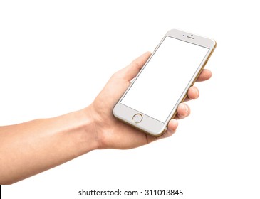 CRACOW - August 28: Man Hand Holding The IPhone 6 Gold Isolated On White Background, Poland On August 28, 2015.