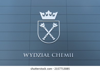 Cracow, Lesser Poland, Poland - 12 April 2022: Facade Of Faculty Of Chemistry With Logo Of Jagiellonian University