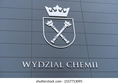 Cracow, Lesser Poland, Poland - 12 April 2022:Cracow, Lesser Poland, Poland - 12 April 2022: Facade Of Faculty Of Chemistry With Logo Of Jagiellonian University