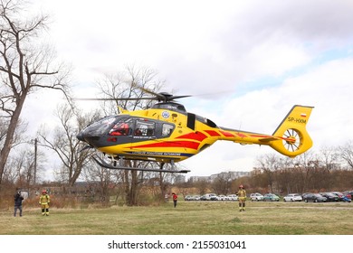 Cracow, Malopolska, Poland - 04.08.2022: Air rescue helicopter Eurocopter EC1352 is airborne during the training exercise of simulated mass casualties accident