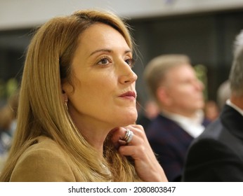 Cracow, Malopolska, Poland - 10.29.2021: Roberta Metsola, Member of European Parliament (MEP), vice-president of European Parliament, member of the Group of the European People`s Party.