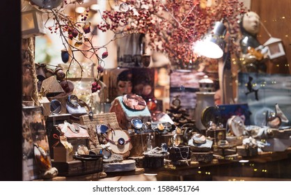 Cracow, Poland - December 12, 2019: romantic and charming small art gallery, souvenir and handmade crafted jewelry store near old market square in Krakow. - Shutterstock ID 1588451764