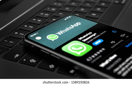 Cracow, Małopolskie / Poland - December 14 2019: WhatsApp application in AppStore, displayed on  3d render of future new iPhone 12 Pro concept in silver color - home screen displayed, 3d illustration