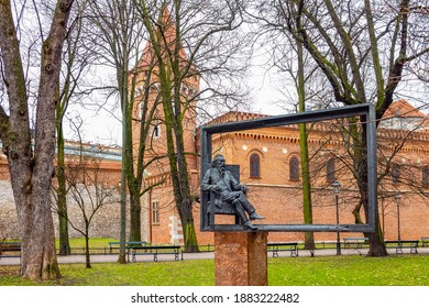 Cracow, Poland - December 7, 2017:: The Bronze Monument  Of The Painter Jan Matejko, Famous, Polish Art Painter, In The Barbican Garden