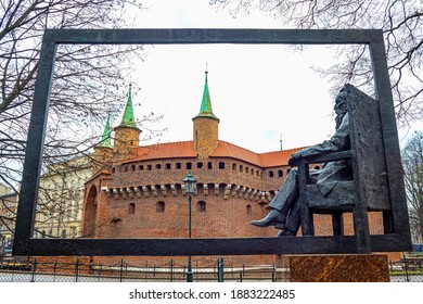 Cracow, Poland - December 7, 2017:: The Bronze Monument  Of The Painter Jan Matejko, Famous, Polish Art Painter, In The Barbican Garden