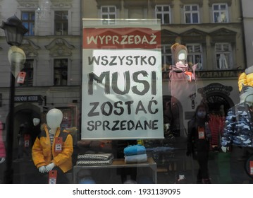 Cracow, Poland - Feb 2021: An Exhibition Of A Fashion Store With A Banner With An Inscription 