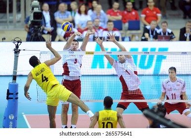 CRACOW, POLAND - JUNE 20, 2015: FIBV World League Volleyball
O/p Wallace De Souza, Dawid Konarski, Piotr Nowakowski, 

