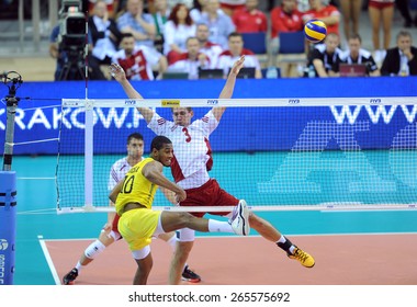 CRACOW, POLAND - JUNE 20, 2015: FIBV World League Volleyball
O/p Ricardo Lucarelli Souza, Dawid Konarski 

