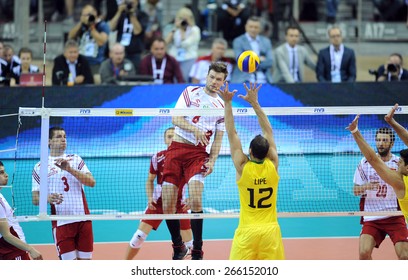 CRACOW, POLAND - JUNE 20, 2015: FIVB World League Volleyball O/p Dawid Konarski, Andrzej Wrona, Luiz Felipe Fonteles  