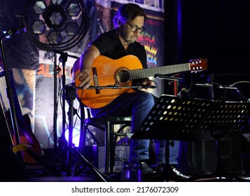 Cracow, Poland - June 25, 2022:   Al Di Meola Acoustic Trio Performing Live On The Kijow.Centre Stage At Summer Jazz Festival In Cracow, Poland 