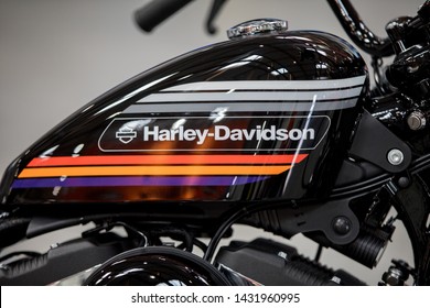  Cracow, Poland - May 18, 2019: Harley Davidson motorcycle displayed at Moto Show in Krakow. Poland. Exhibitors present  most interesting aspects of the automotive industry