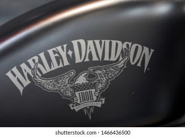  Cracow, Poland - May 18, 2019: Harley Davidson motorcycle displayed at Moto Show in Krakow. Poland. Exhibitors present  most interesting aspects of the automotive industry