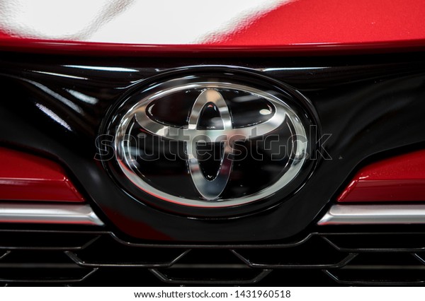  Cracow, Poland - May 18, 2019: Toyota metalic\
logo closeup on the Toyota  car displayed at Moto Show in Cracow\
Poland. Exhibitors present  most interesting aspects of the\
automotive industry